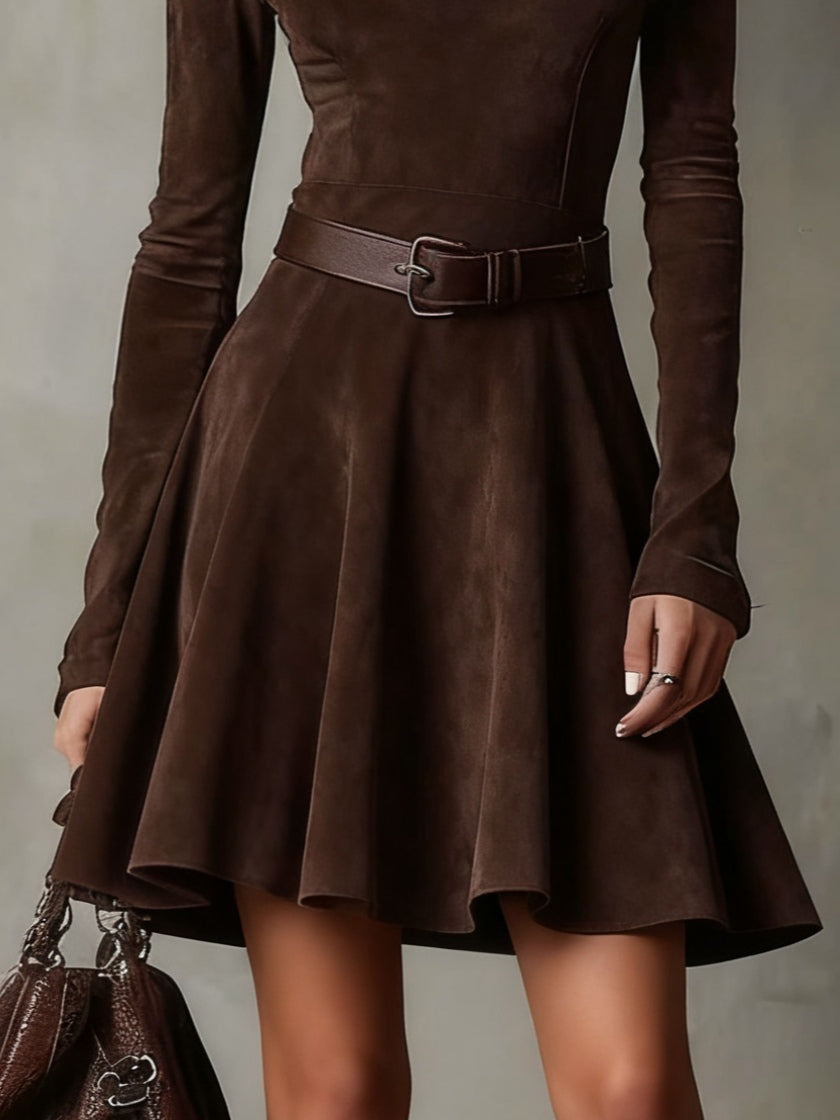 Noémie™ | Vestido mini vintage de camurça em castanho escuro
