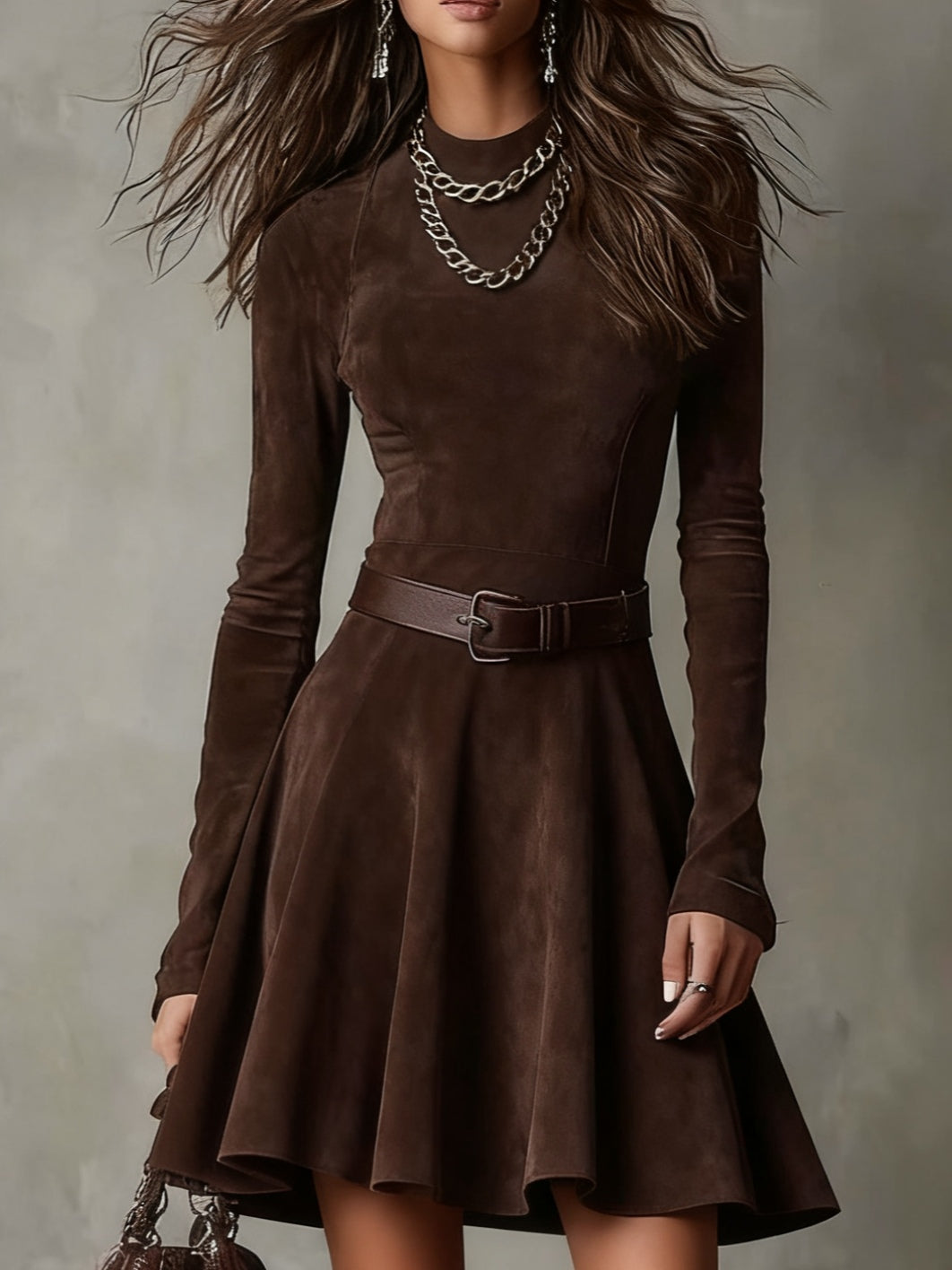 Noémie™ | Vestido mini vintage de camurça em castanho escuro