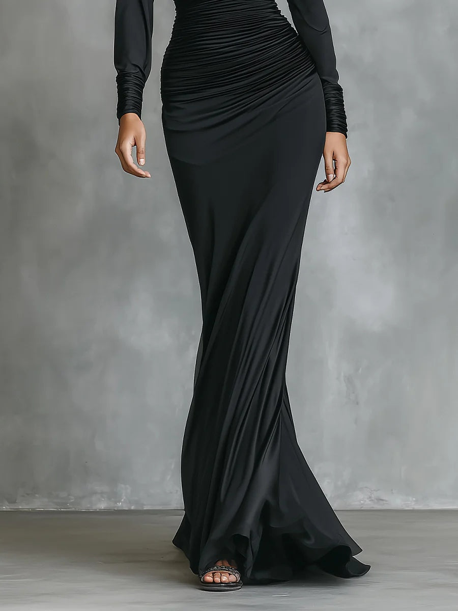 Célina™ | Vestido maxi satinado de um só ombro em preto