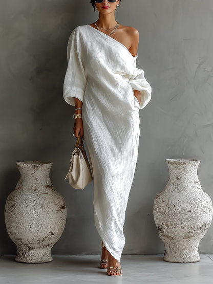 Elise™ | Elegante vestido maxi de um só ombro em branco