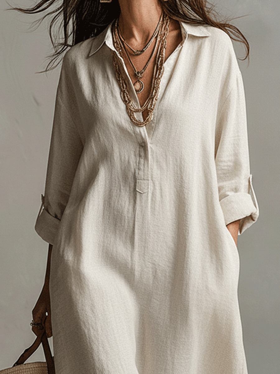 Vestido camisero maxi vintage leve em creme natural