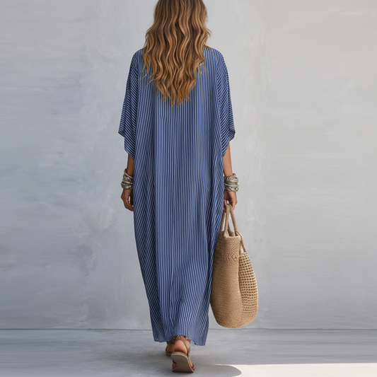 Vestido longo minimalista de riscas azuis