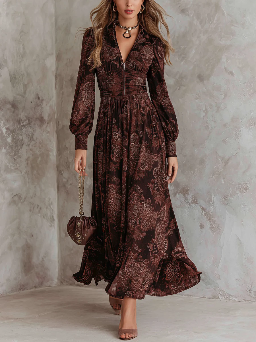 Ariane™ | Vestido maxi com estampa paisley e realce na cintura