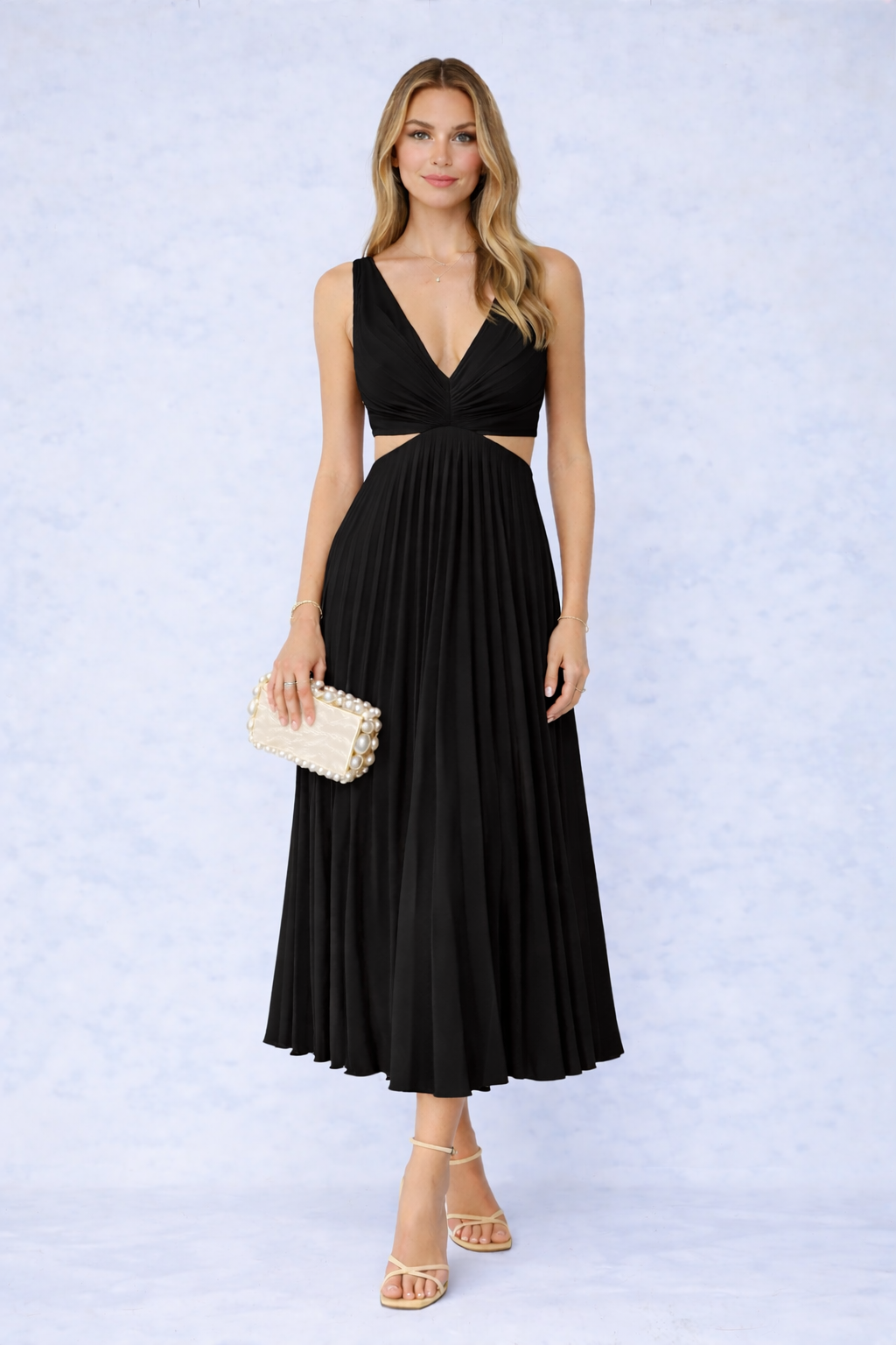 VESTIDO MIDI PLISSADO COM DECOTE CRUZADO