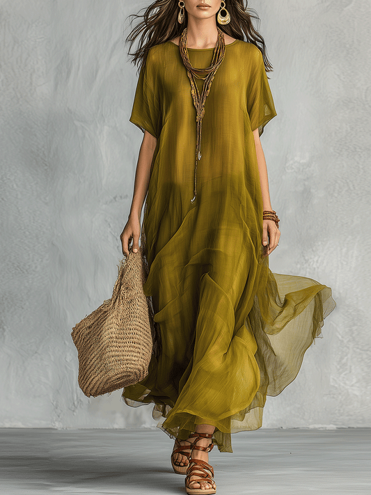 Vestido maxi boémio verde oliva com silhueta drapeada