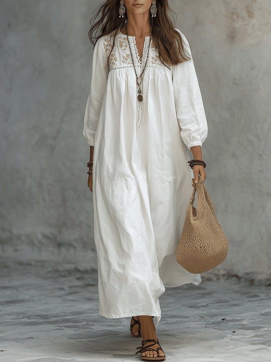 Vestido maxi branco boémio com bordado de flores e mangas balão