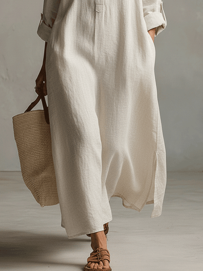 Vestido camisero maxi vintage leve em creme natural