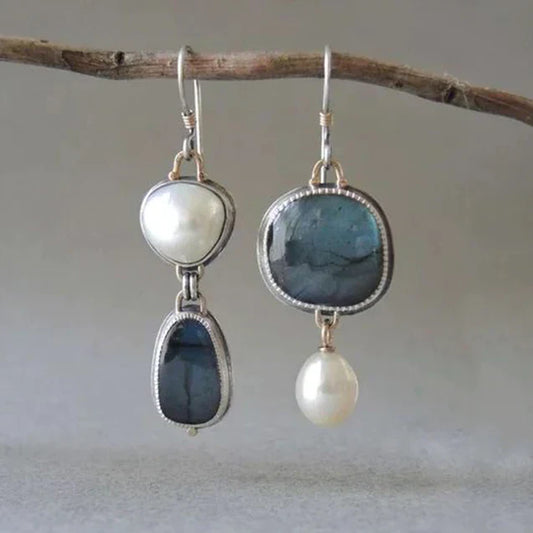 Brincos Vintage em Prata com Pedra Natural e Pérolas