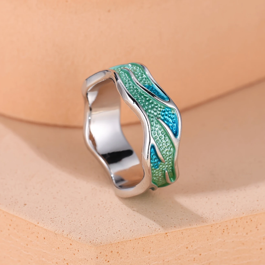 Anel com Esmalte em Forma de Onda do Oceano