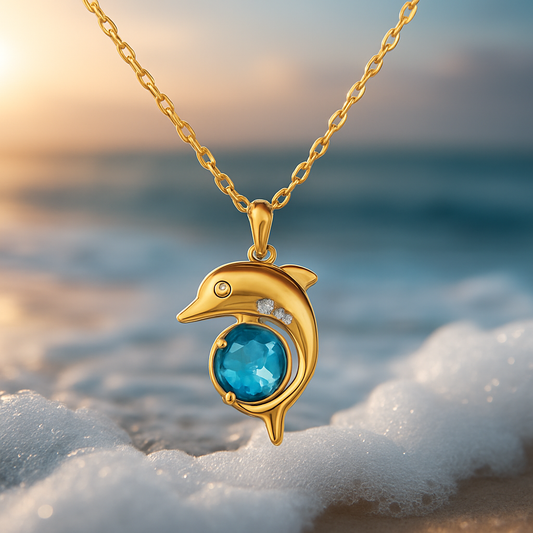 Colar Dourado com Golfinho e Cristal
