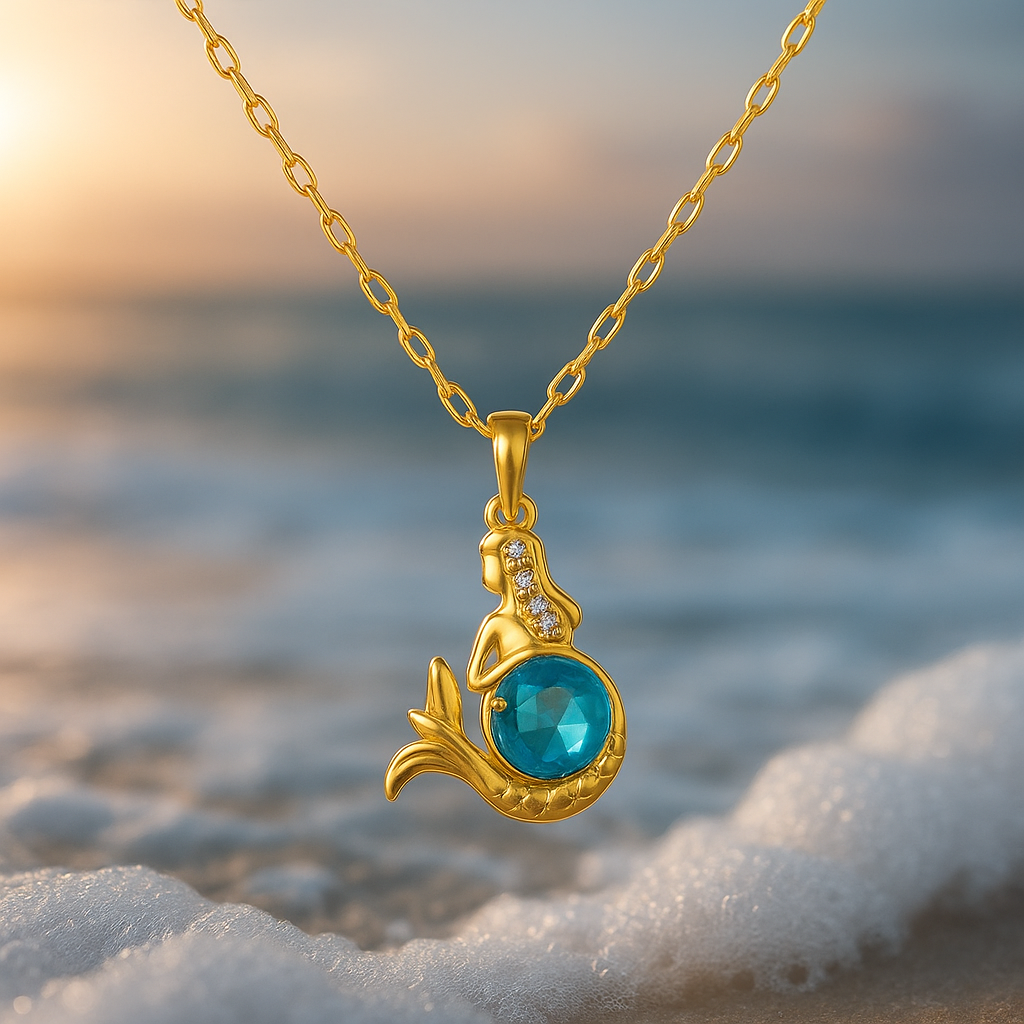 Colar Dourado de Sereia com Cristal Azul