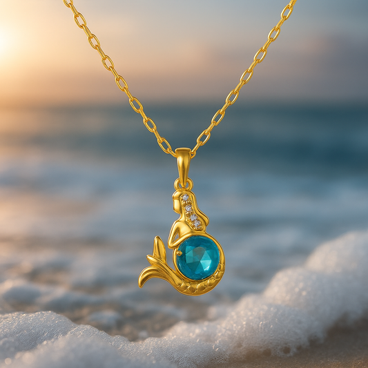 Colar Dourado de Sereia com Cristal Azul